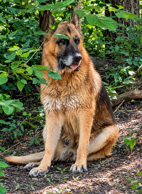 Nino, an eleven-year-old German Shepherd, sitting in the shade of a wooded trail